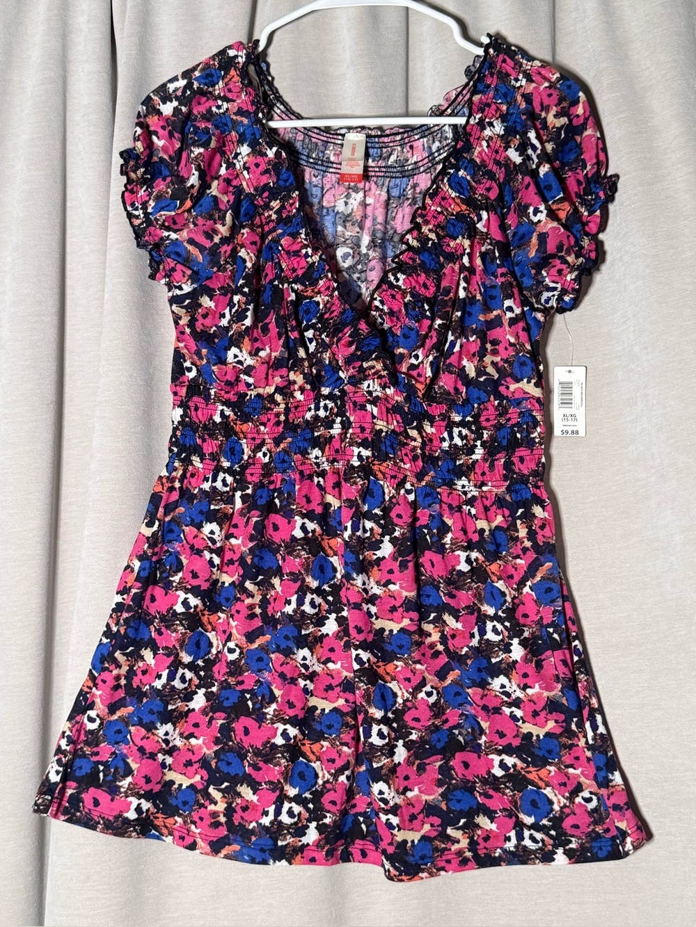 No Boundaries Floral V-Neck Blouse Top - Pink Blue Black - Size XL / XG
